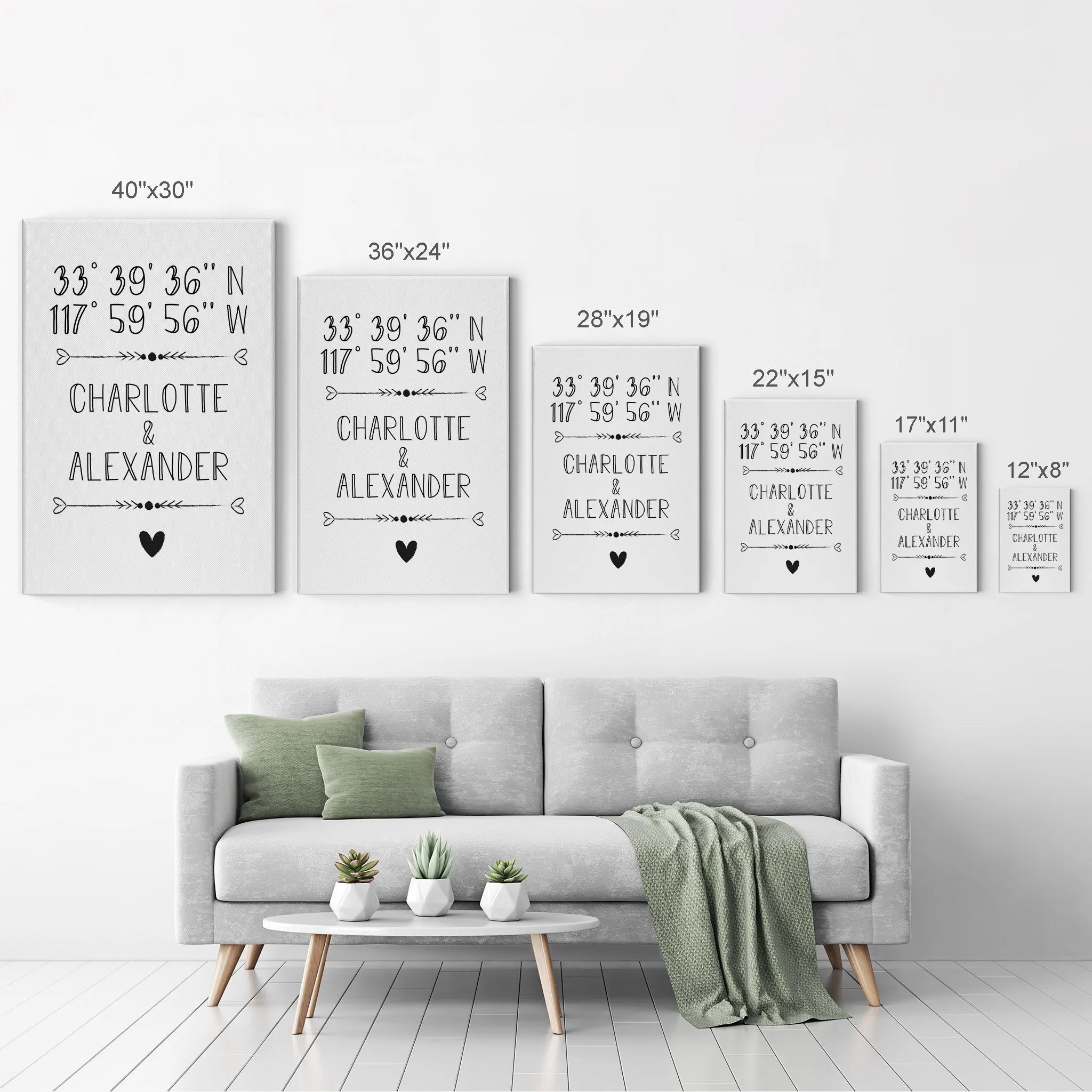 Personalized Gift Wall Art with Couple Names and Coordinates Minimalist Design