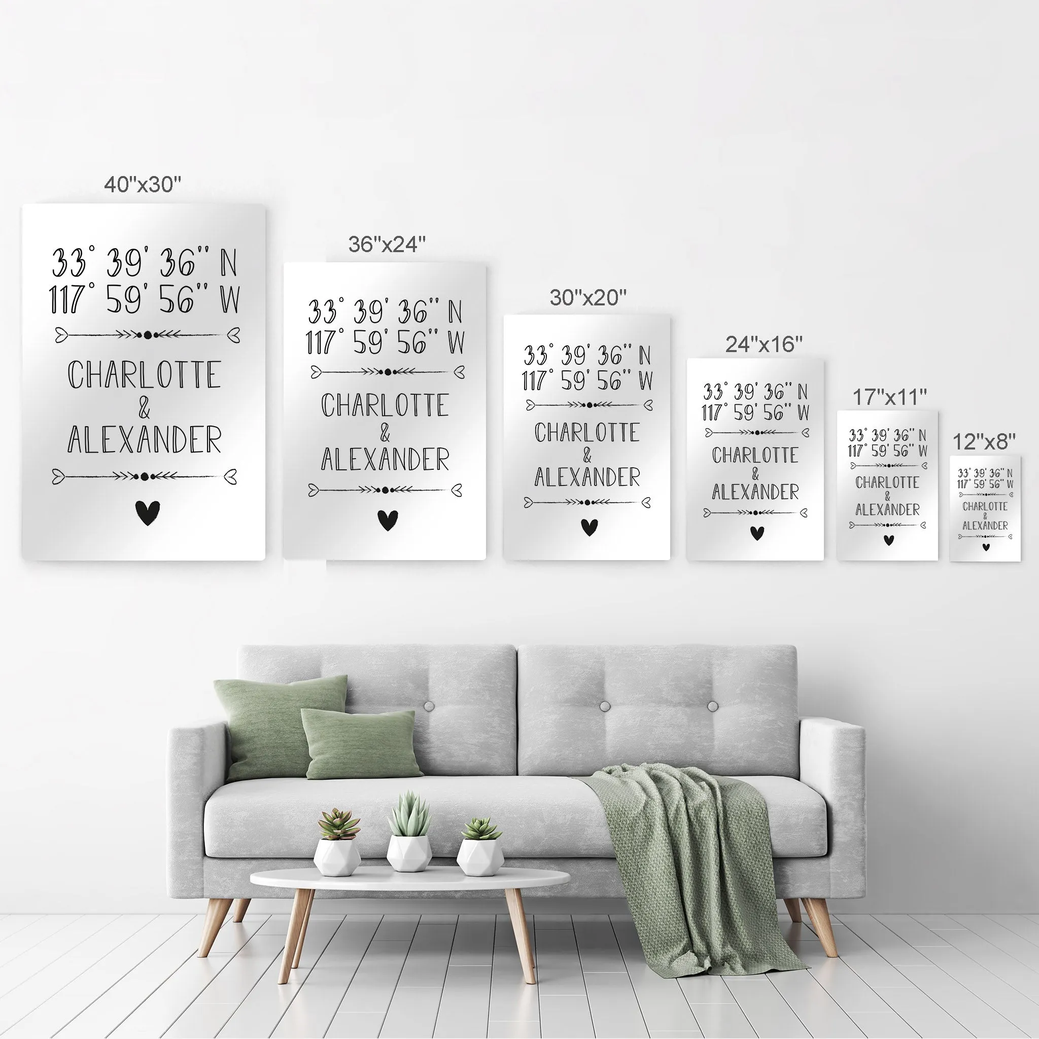 Personalized Gift Wall Art with Couple Names and Coordinates Minimalist Design
