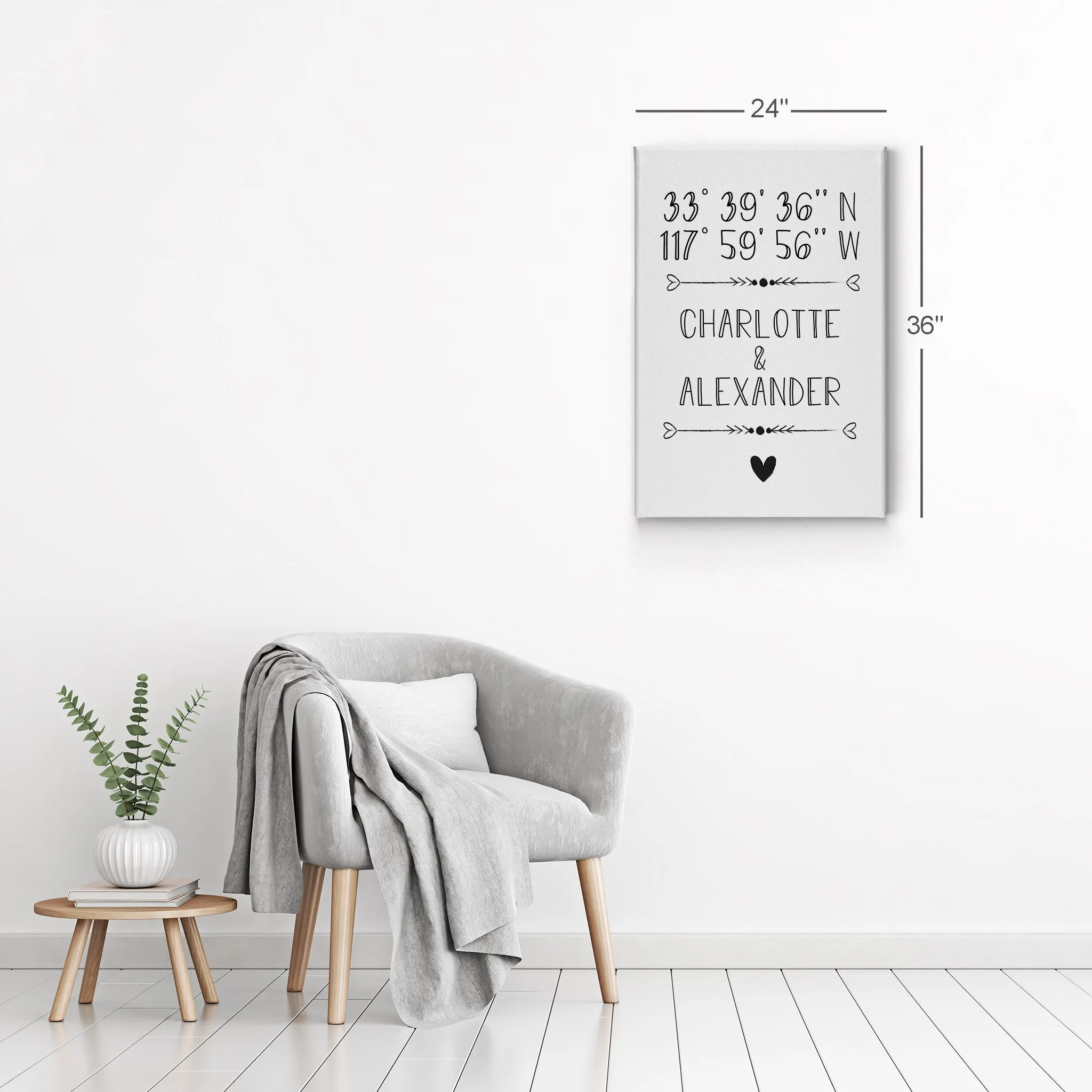 Personalized Gift Wall Art with Couple Names and Coordinates Minimalist Design