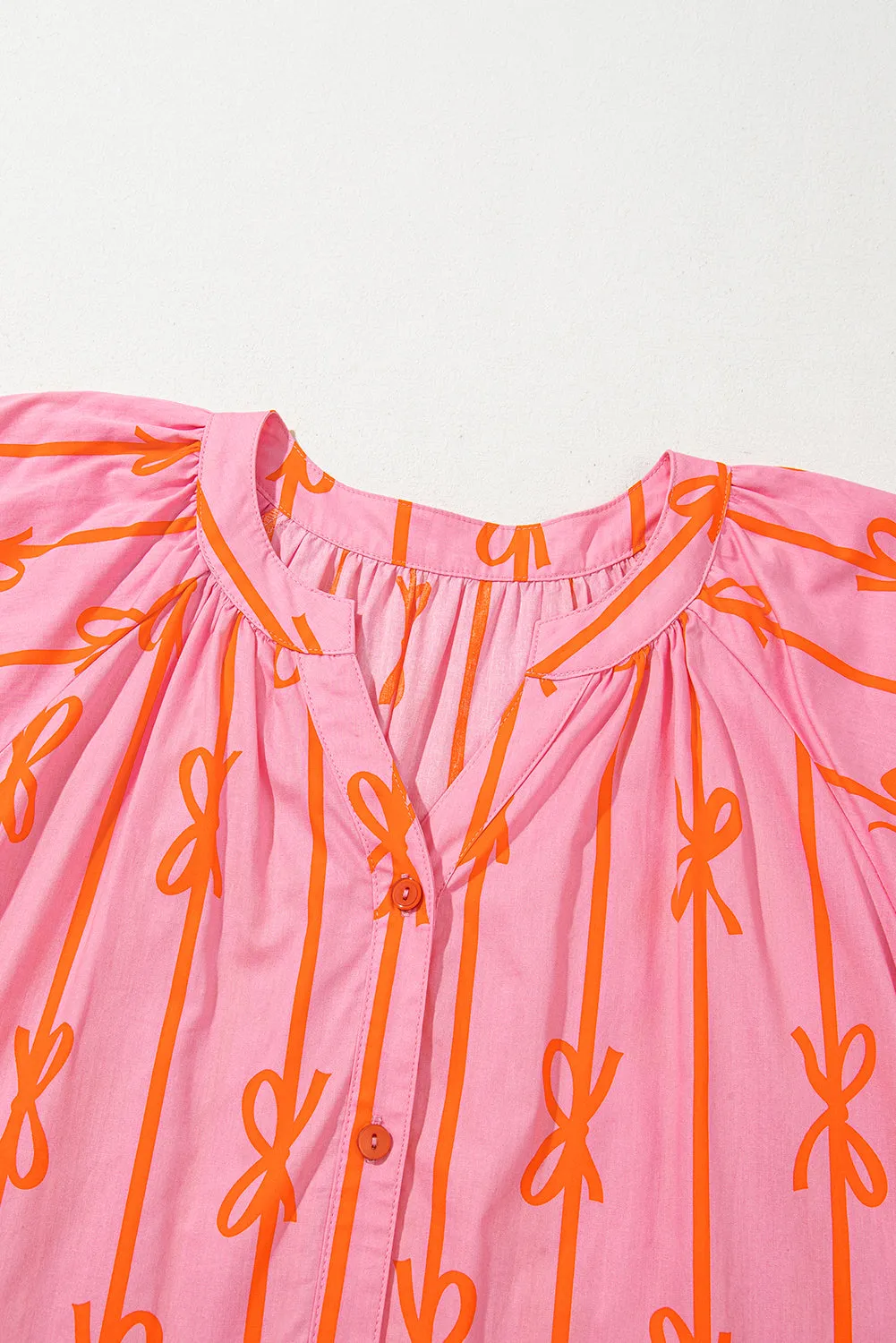 Pink Bowknot Striped Printed Bubble Sleeve Buttoned Belted Mini Dress