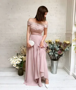 Pink chiffon lace off shoulder long prom dress, pink bridesmaid dress