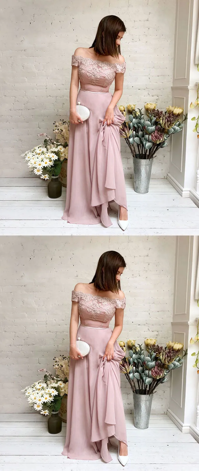 Pink chiffon lace off shoulder long prom dress, pink bridesmaid dress