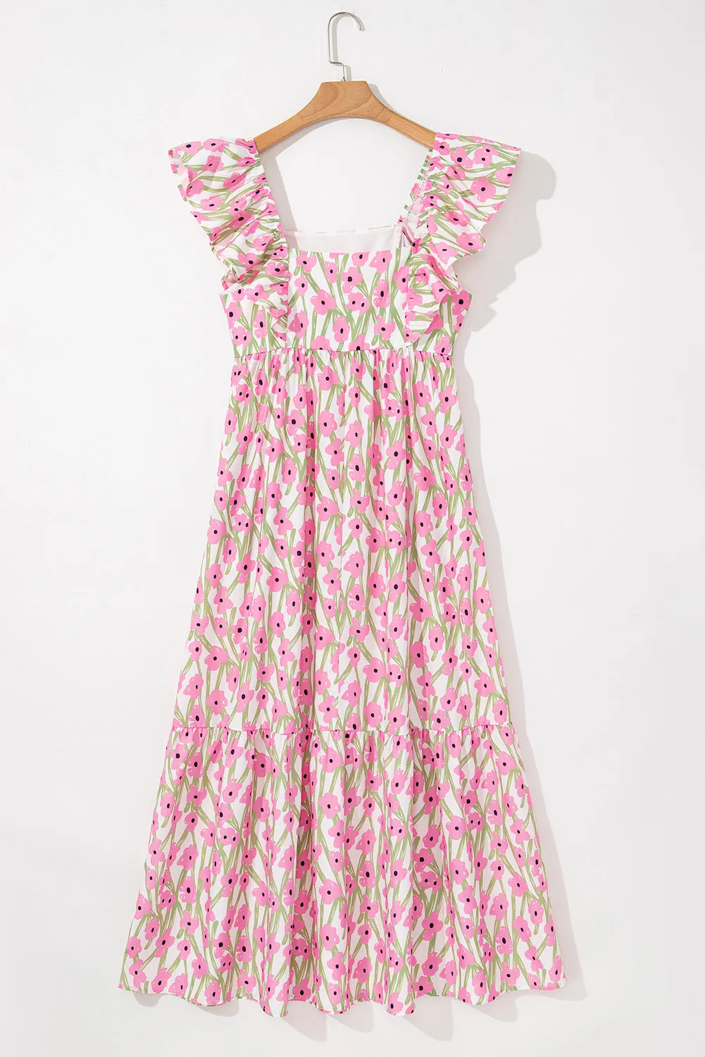 Pink Floral Print Square Neck Ruffled Strap Maxi Dress