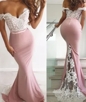 Pink lace mermaid long prom dress, pink lace bridesmaid dress