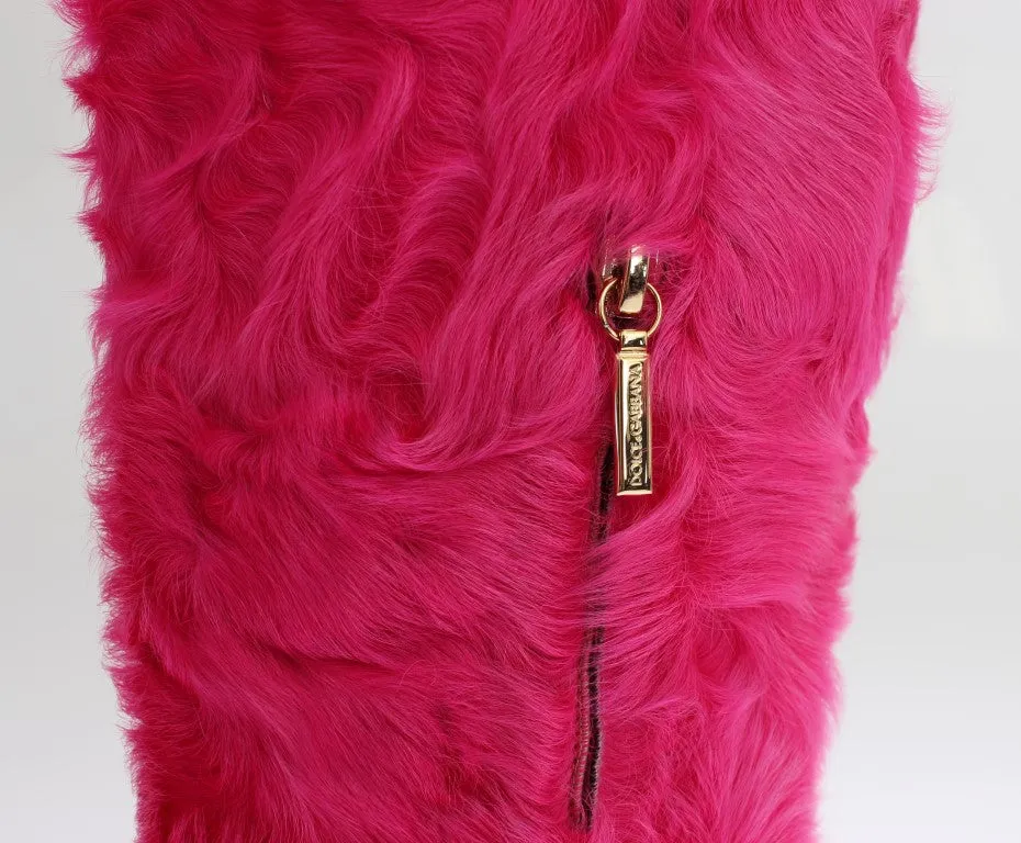 Pink Lamb Fur Leather Flat Boots