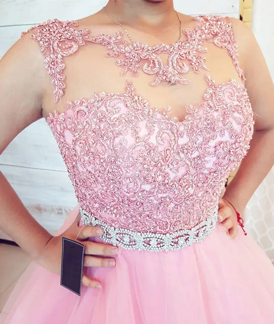 Pink round neck tulle lace long prom dress. pink evening dress