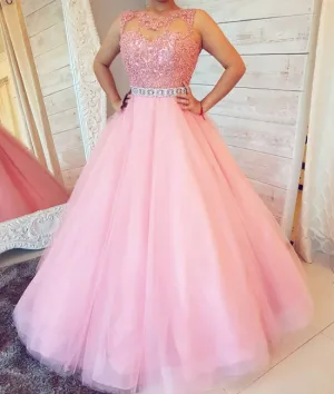 Pink round neck tulle lace long prom dress. pink evening dress