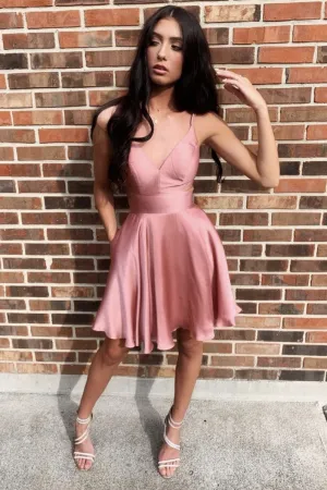 Pink satin short prom dress pink homecoming dress
