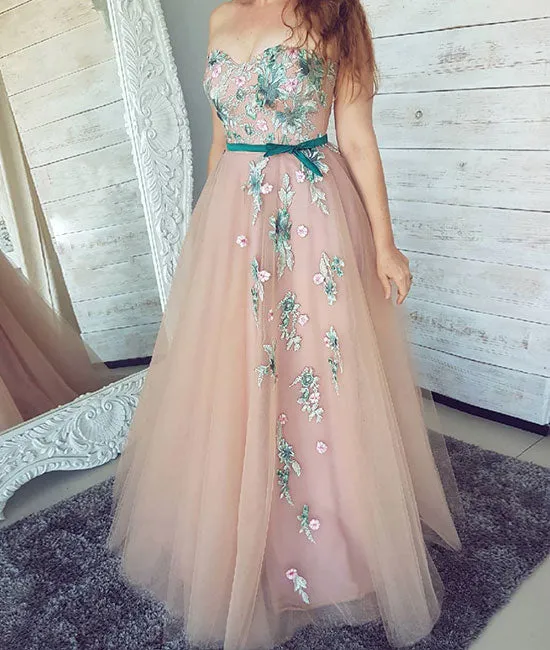PinK sweetheart neck tulle lace applique long prom dress, pink evening dress