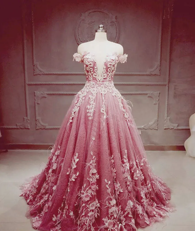 Pink tulle lace long prom dress, pink tulle lace evening dress