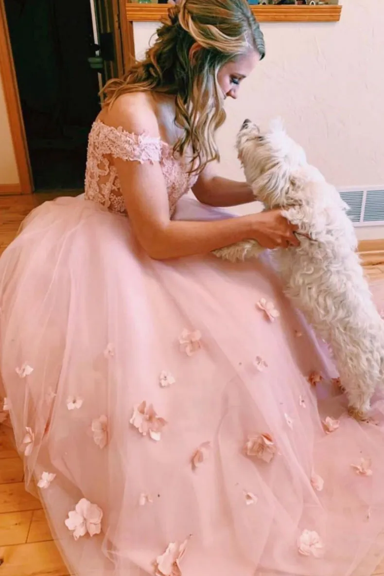 Pink tulle lace long prom dress, pink tulle lace formal dress