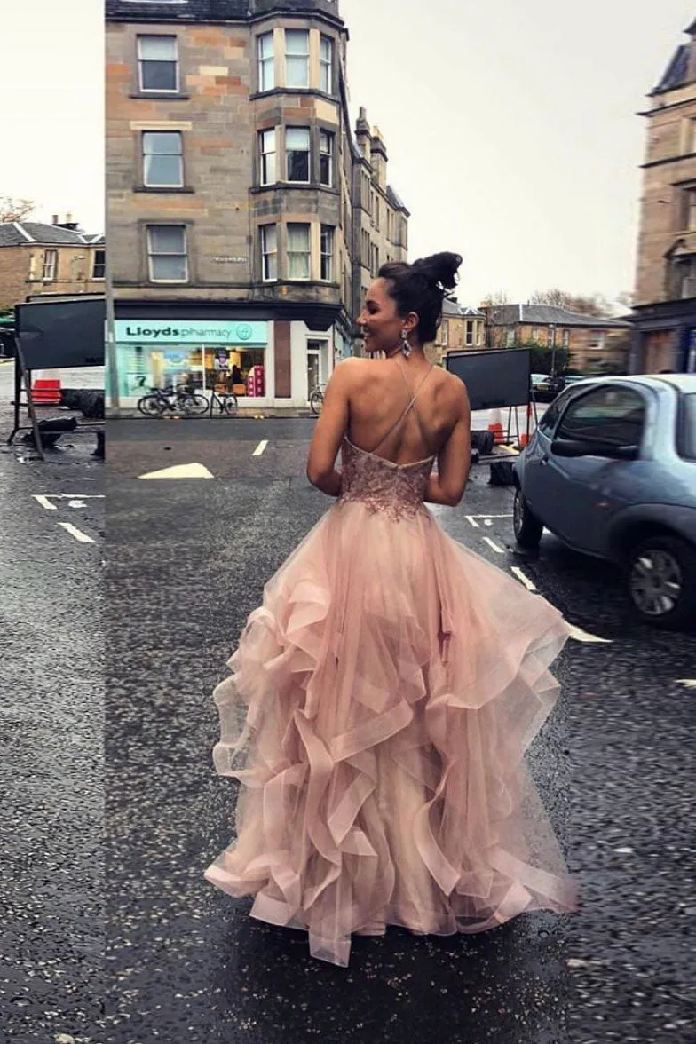 Pink tulle lace long prom dress sweet 16 dress
