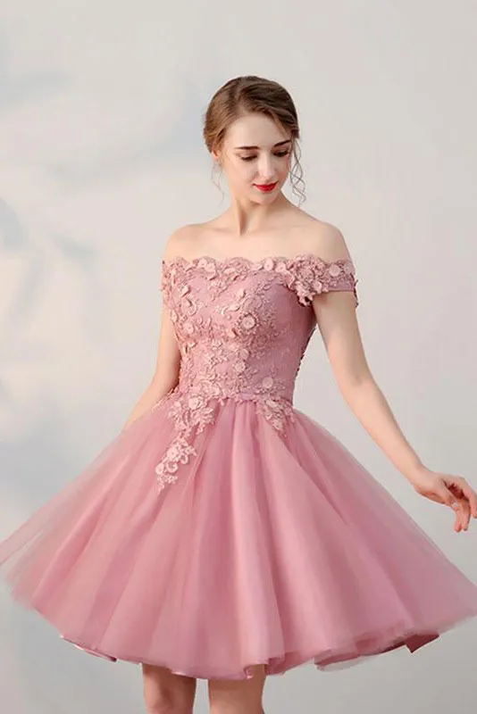 Pink tulle lace short prom dress, pink tulle lace evening dress