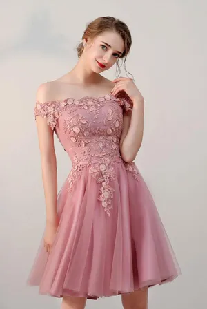 Pink tulle lace short prom dress, pink tulle lace evening dress