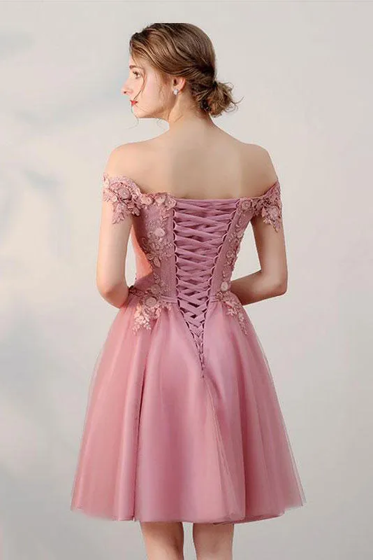 Pink tulle lace short prom dress, pink tulle lace evening dress