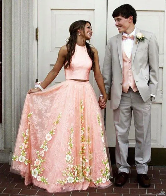 Pink tulle lace two pieces long prom dress, pink evening dress