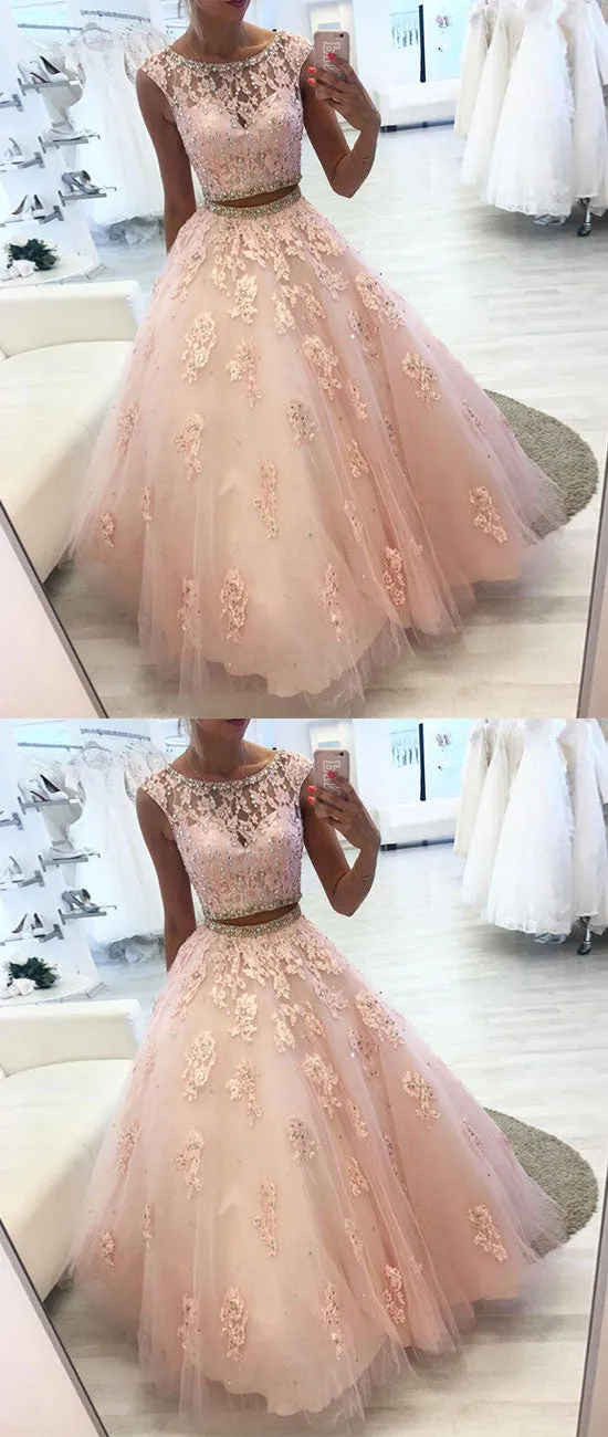Pink two pieces lace tulle long prom dress, pink evening dress