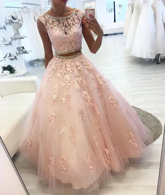 Pink two pieces lace tulle long prom dress, pink evening dress