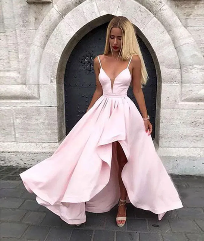 Pink v neck satin long prom dress, pink evening dress