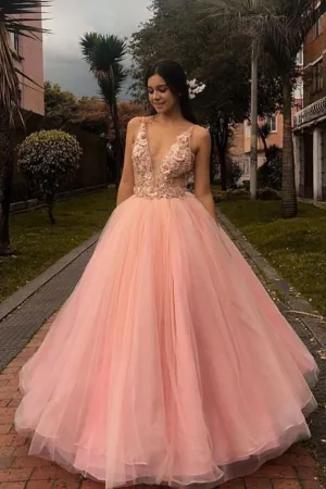 Pink v neck tulle lace applique long prom dress pink formal dress