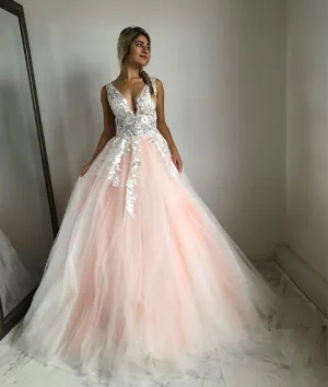 Pink v neck tulle lace long prom dress, pink evening dress