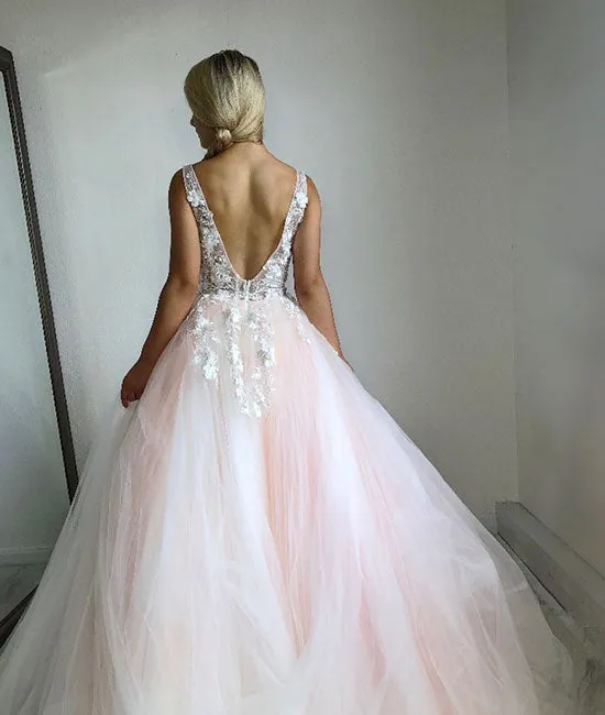 Pink v neck tulle lace long prom dress, pink evening dress