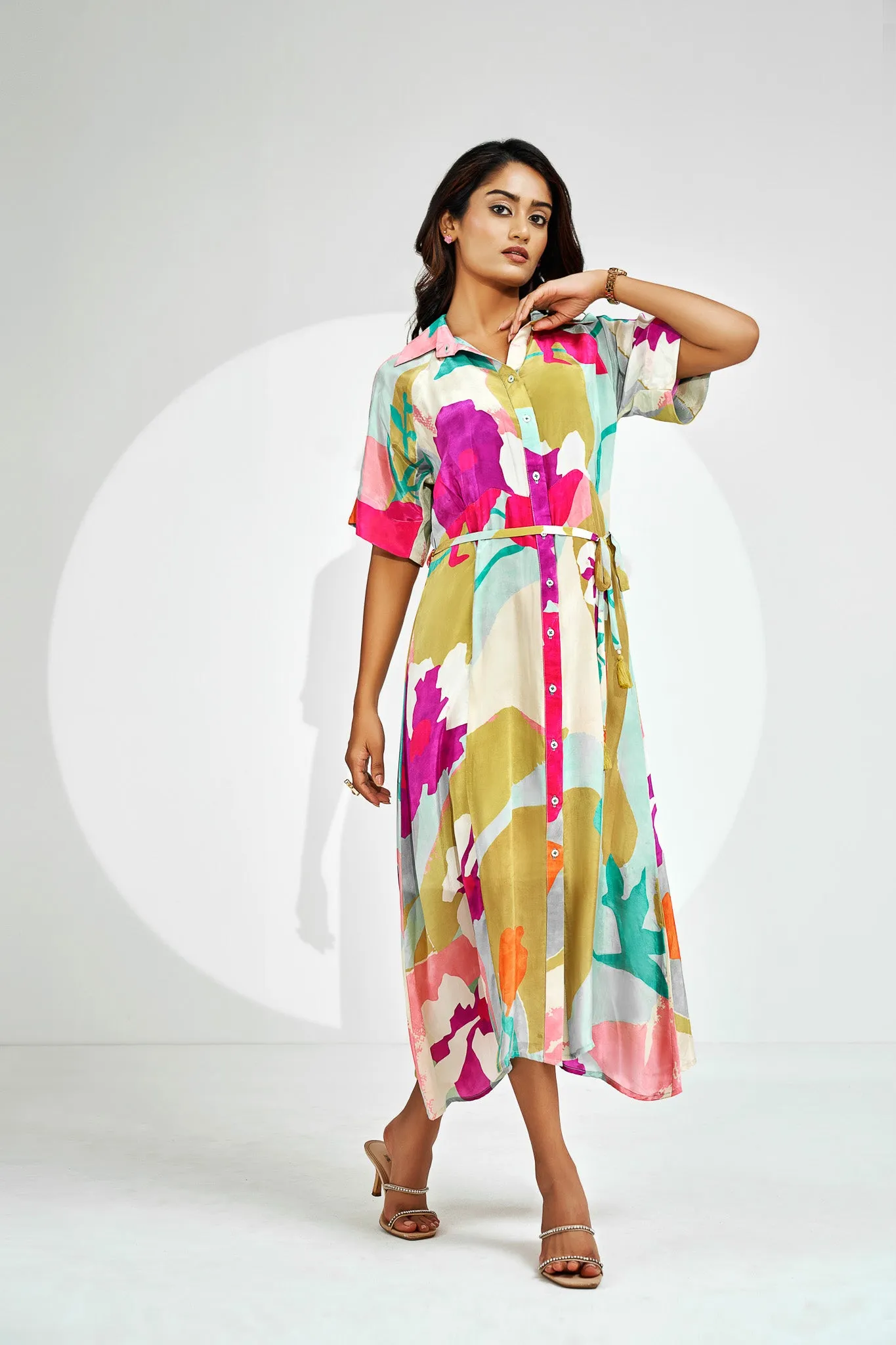 Printed Natural Crepe Shirt Dress