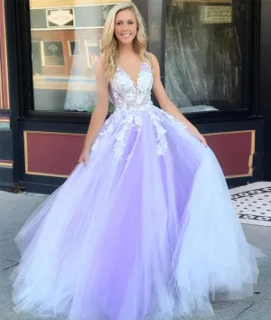 Purple tulle lace long prom dress, purple evening dress