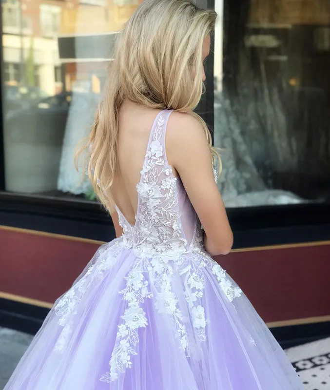 Purple tulle lace long prom dress, purple evening dress