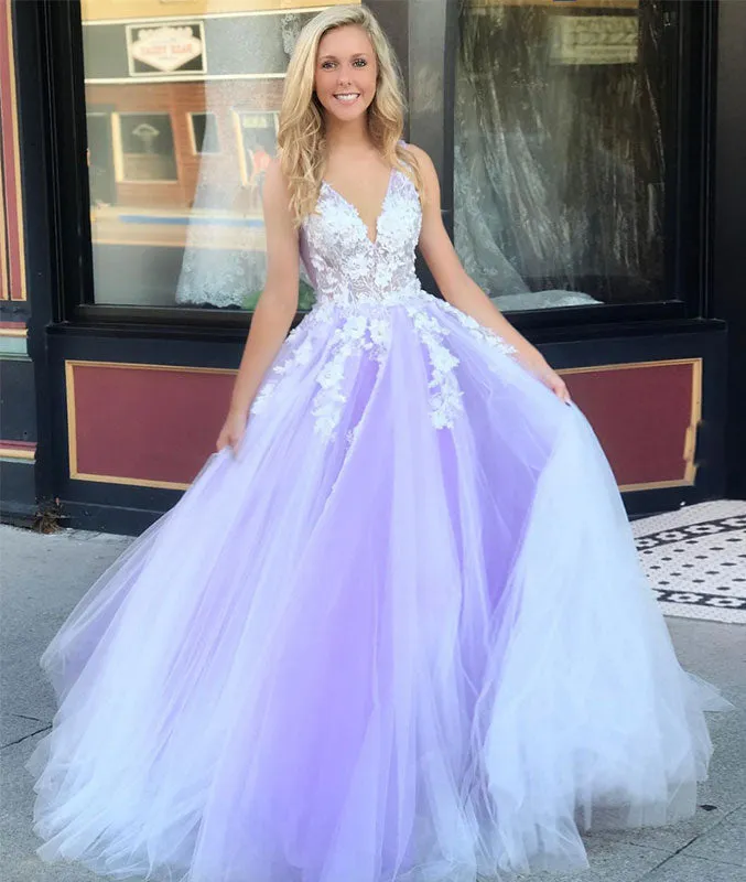 Purple tulle lace long prom dress, purple evening dress
