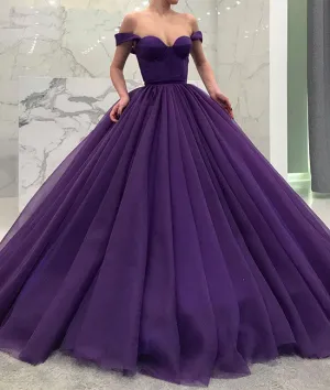 Purple tulle off shoulder long prom gown, tulle evening dress