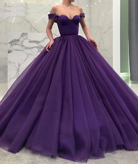 Purple tulle off shoulder long prom gown, tulle evening dress