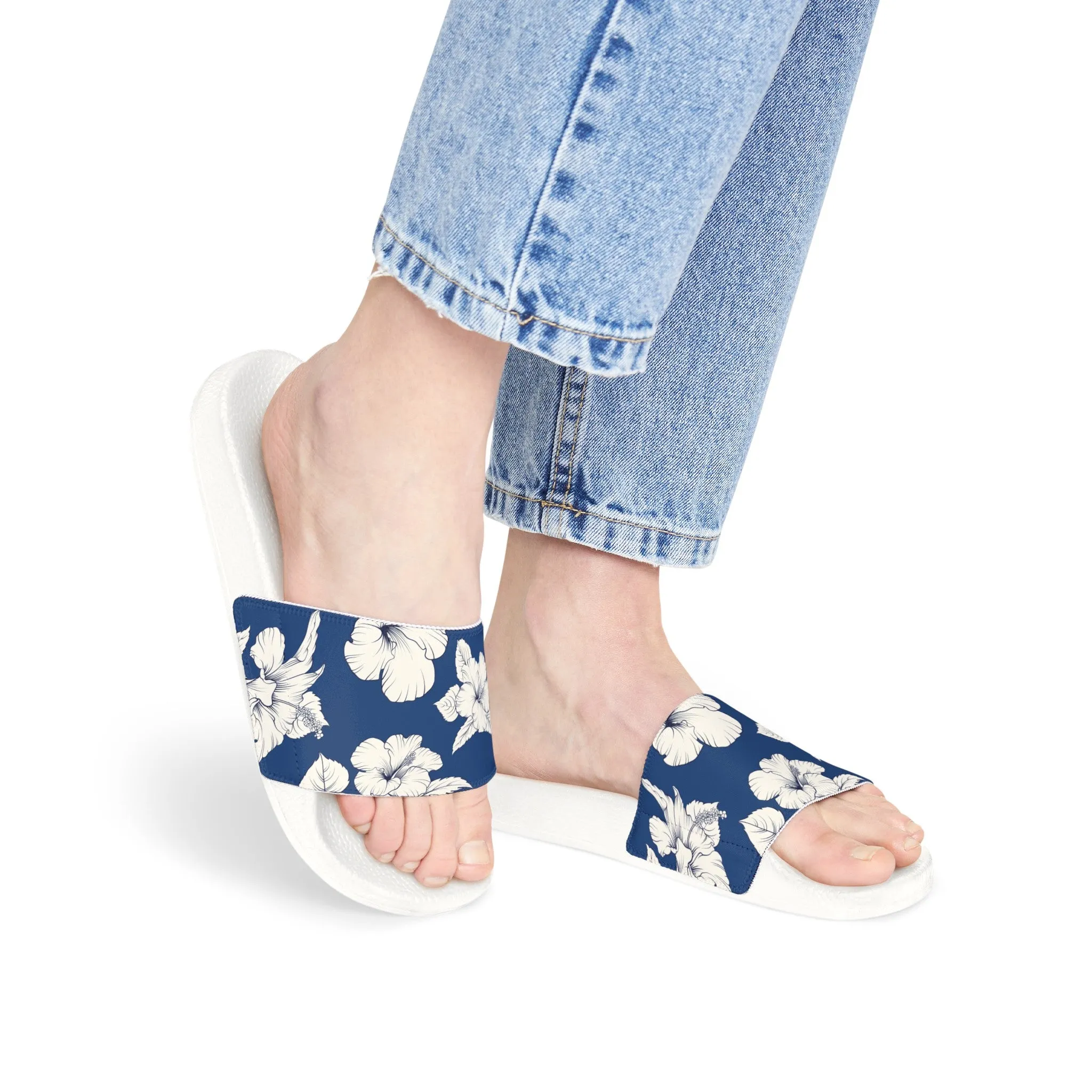 "Classic White Hibiscus in Blue" Women's Slide Sandals