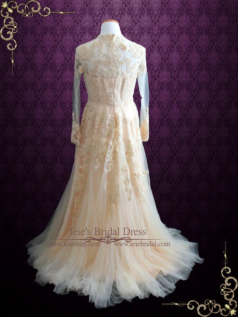 Ready to Ship Blush Peach Lace Wedding Dress With Long Sleeves | RONNA