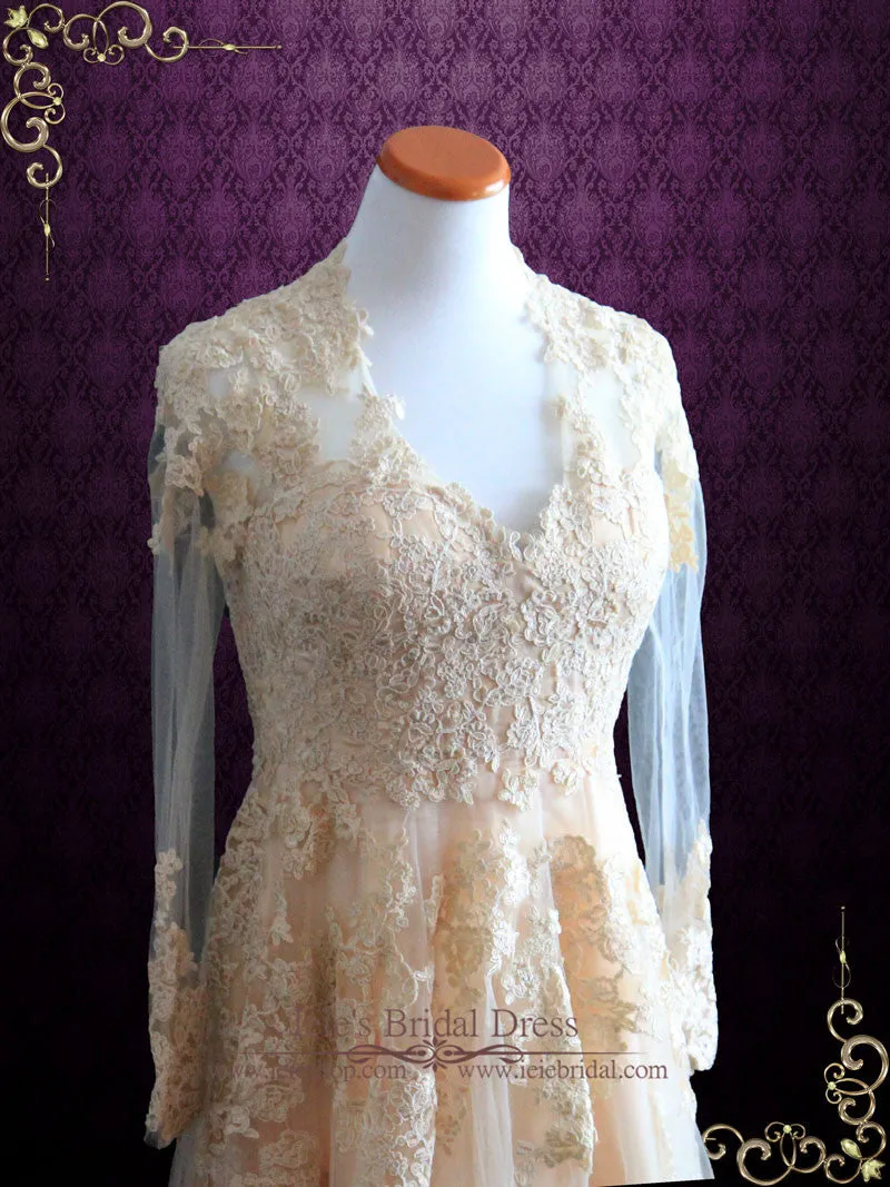 Ready to Ship Blush Peach Lace Wedding Dress With Long Sleeves | RONNA