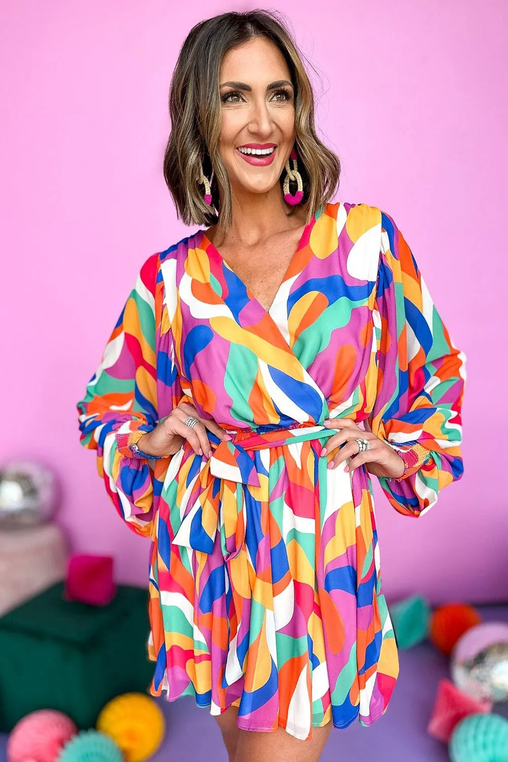 Red Abstract Printed Belted Puff Sleeve Mini Dress