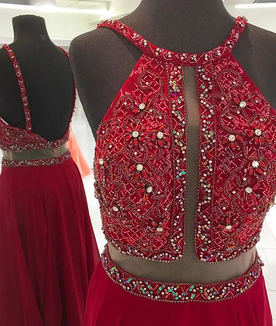 Red backless beads long prom dress, red evening dress