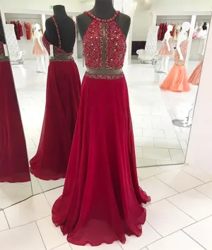 Red backless beads long prom dress, red evening dress