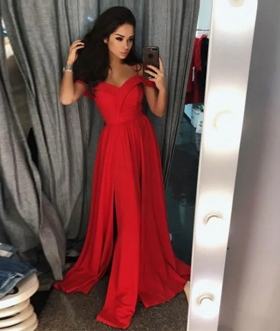 Red off shoulder long prom dress, red evening dress