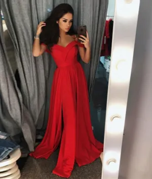 Red off shoulder long prom dress, red evening dress