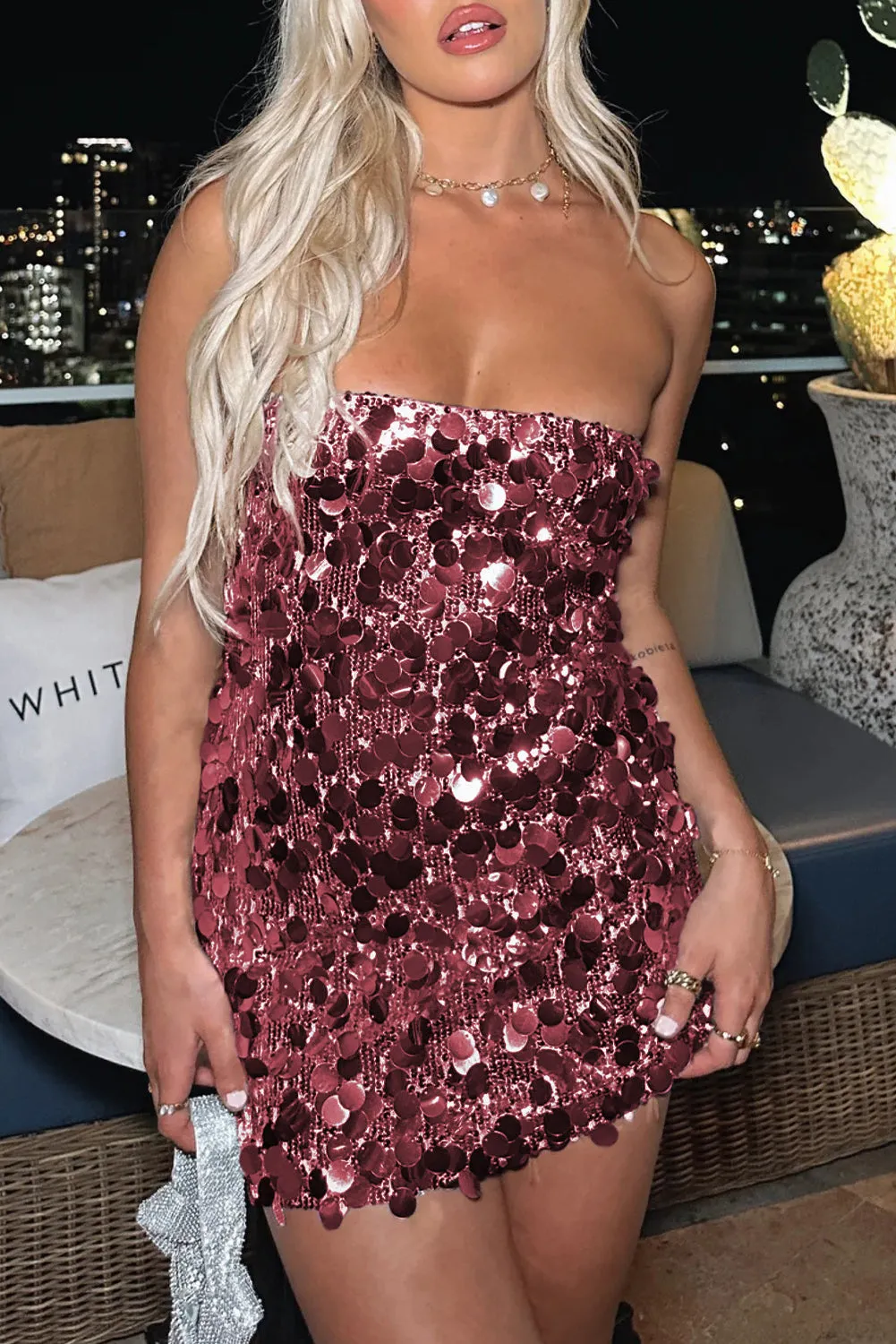 Red Strapless Bodycon Mini Sequin Dress