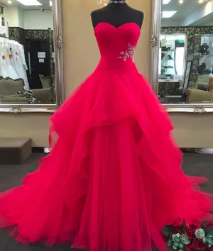 Red sweetheart neck tulle long prom dress, red evening dress