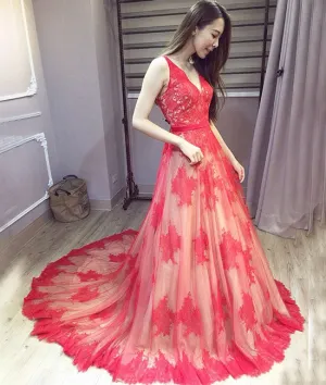 Red v neck lace long prom dress, red lace evening dress