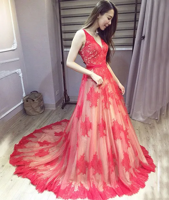 Red v neck lace long prom dress, red lace evening dress