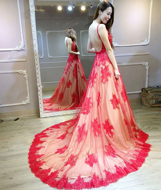 Red v neck lace long prom dress, red lace evening dress