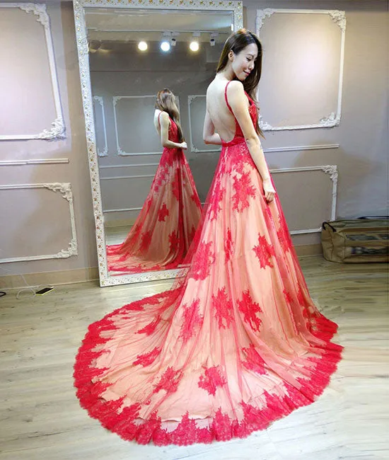 Red v neck lace long prom dress, red lace evening dress