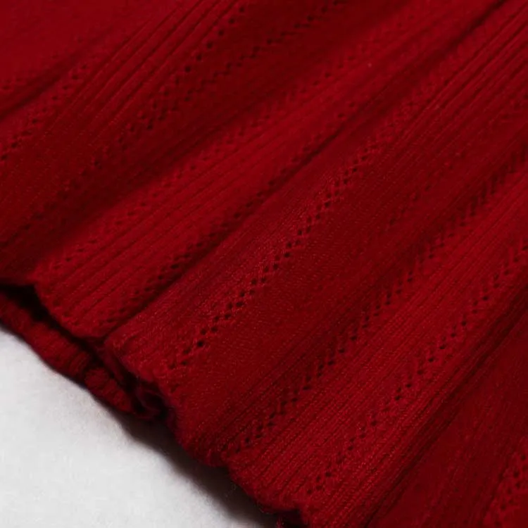 Red V-Neck Long Sleeves Midi Knitted Dress Bodycon Dress