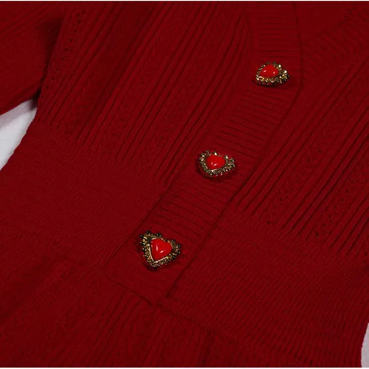 Red V-Neck Long Sleeves Midi Knitted Dress Bodycon Dress