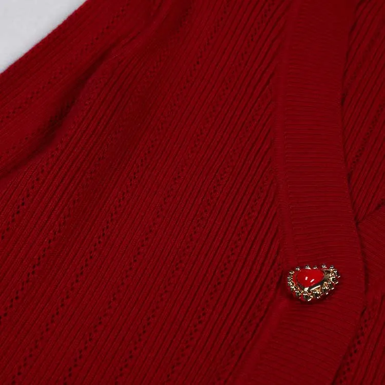 Red V-Neck Long Sleeves Midi Knitted Dress Bodycon Dress