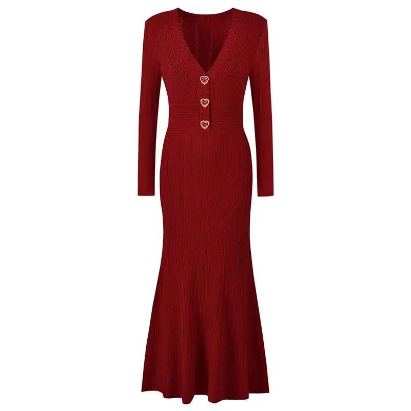 Red V-Neck Long Sleeves Midi Knitted Dress Bodycon Dress